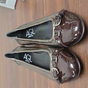 AGL Size 37.5 Brown Metallic Leather Ballet Flats